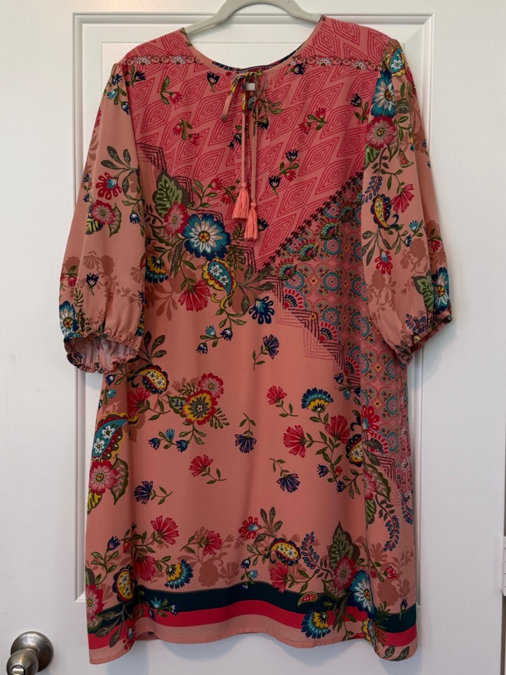 Johnny Was Lakshmi Silk Pink Floral Mimi Dress 3/4 Sleeves Excellent Large